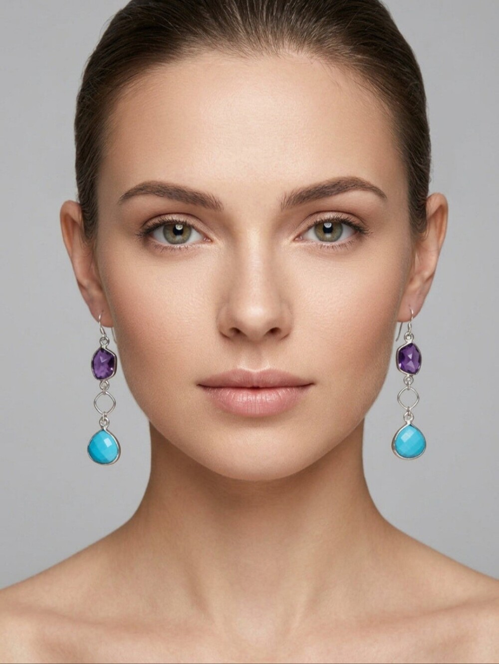 Sterling Silver Drop Earrings with Genuine Turquoise And Amethyst Gemstones